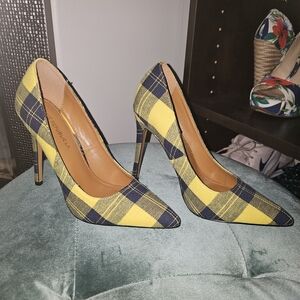 Yellow and Navy Plaid Women's Heels